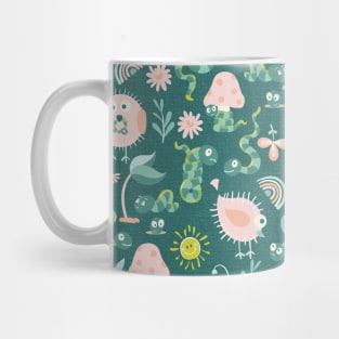 Cute Little Green Worms and Pink Birds in Outdoor Nature Mug